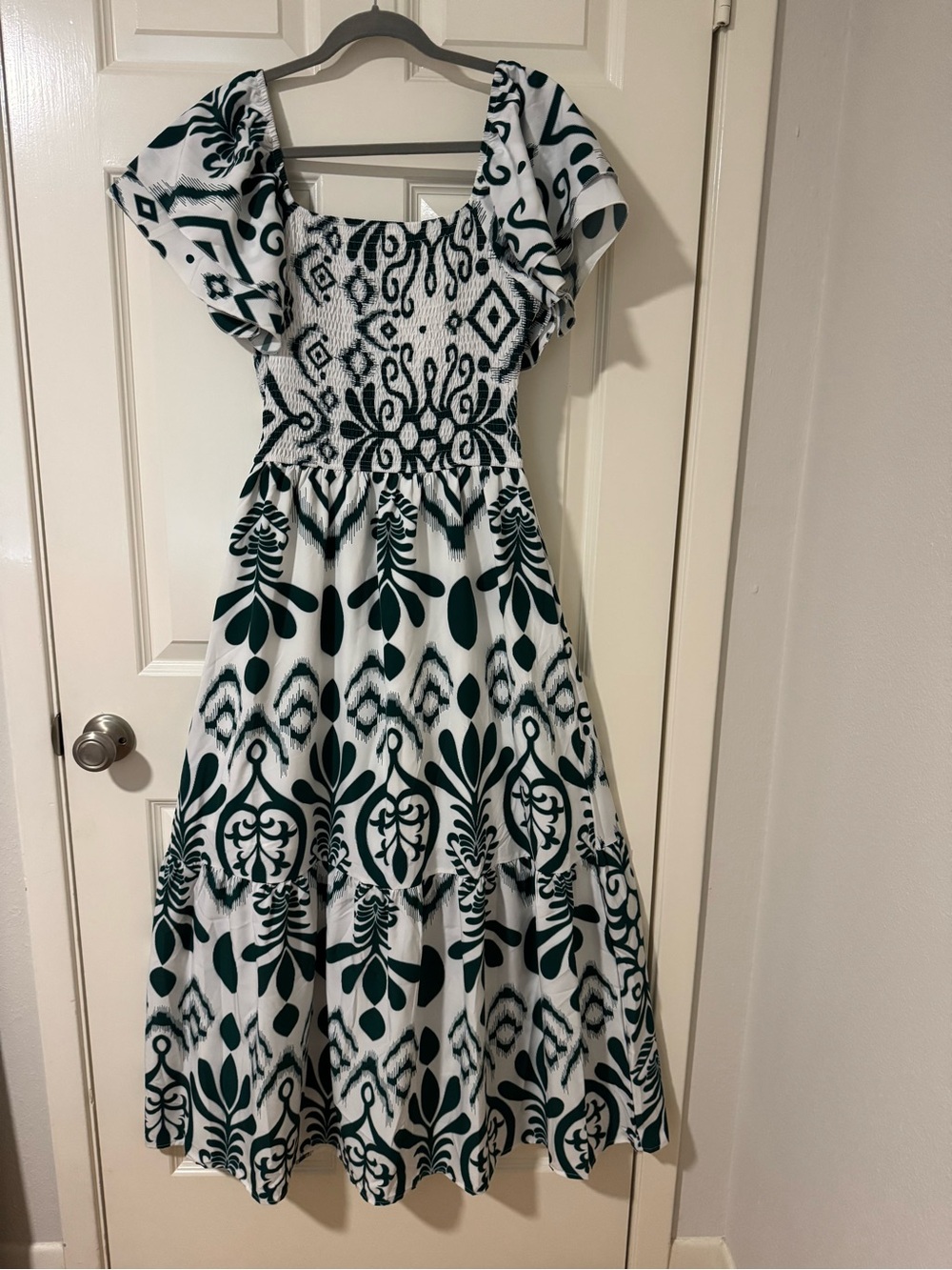 White Dress with Dark Green Print - Smocked Bodice